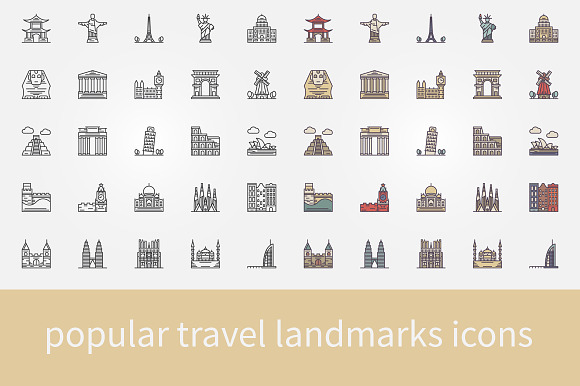 Popular Travel Landmarks Line Icons
