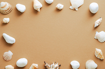 Seashells frame on sandy background, a Holiday Photo by photoguns