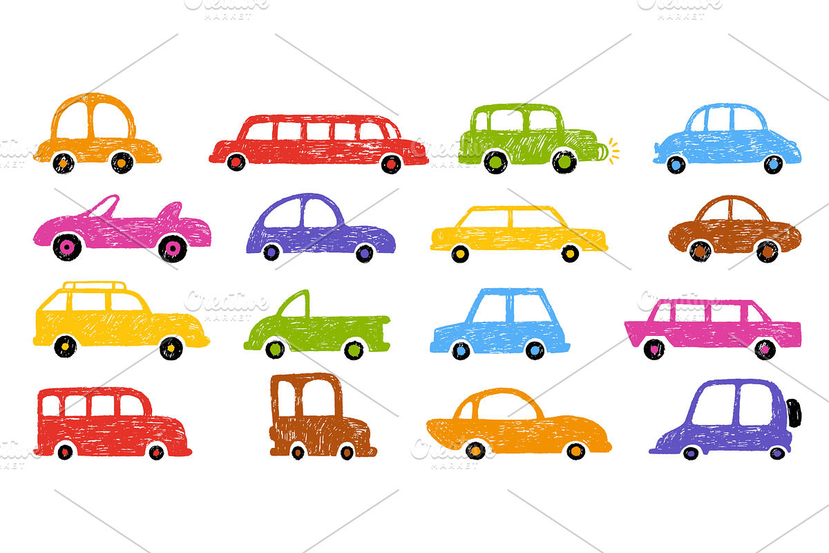 Children crayon drawing cars, a Transportation Illustration by Valerie Bodnar