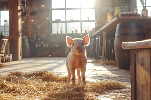 A playful young piglet stands in a rustic barn, illuminated by warm sunlight st, an Animal Photo by ImageMir