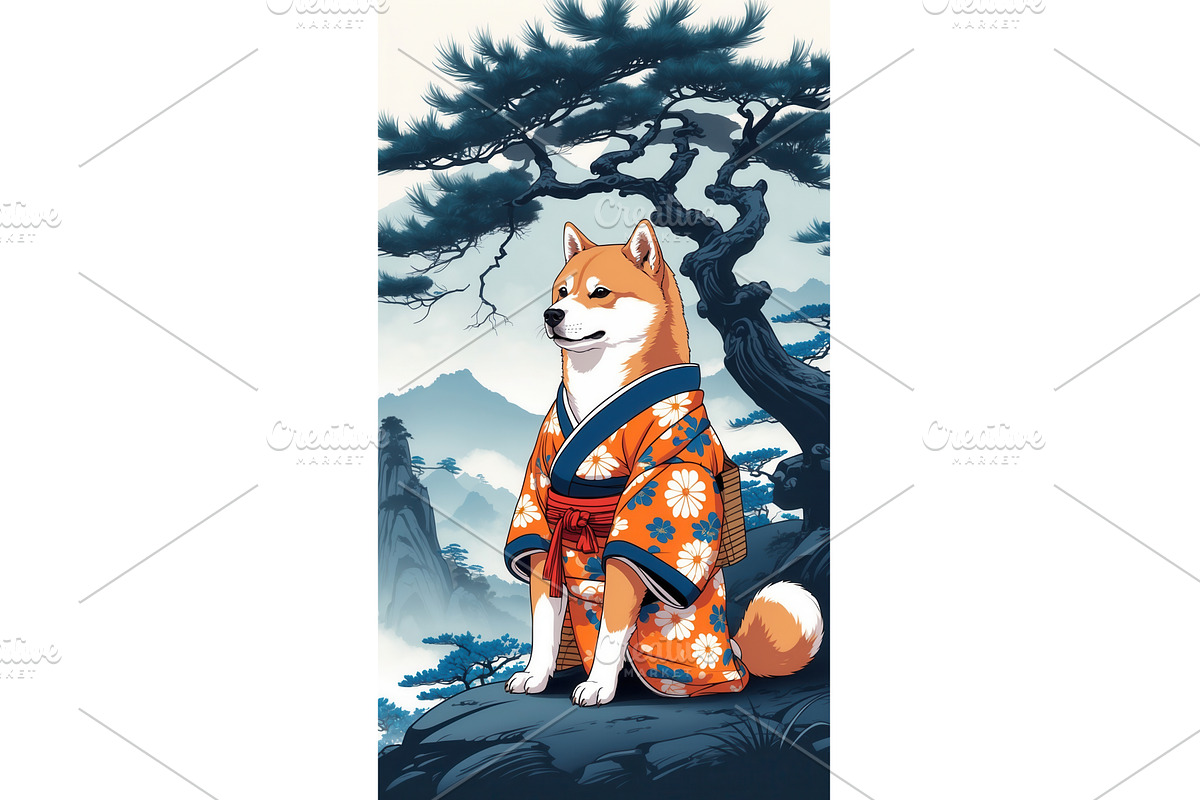 Shiba Inu wearing traditional, an Illustration by tilialucida