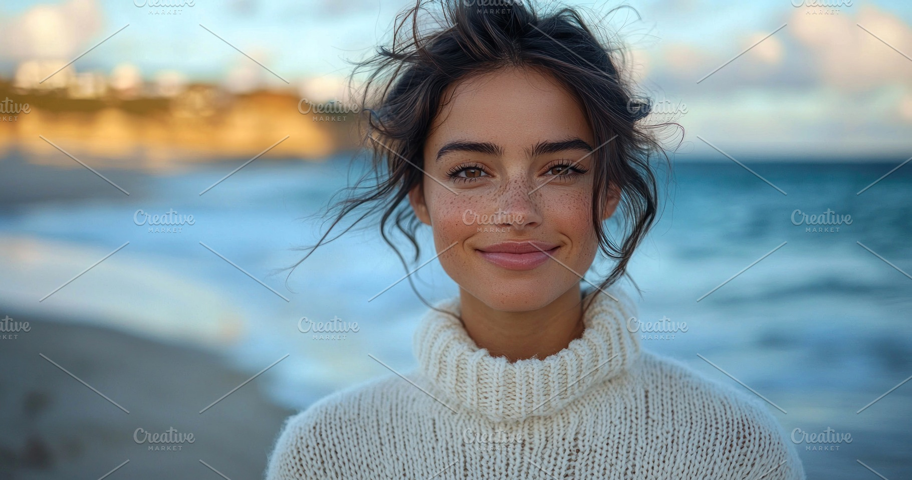Smiling young woman with tousled hair and freckles wearing cozy, a Person Photo by José Manuel Gelpi