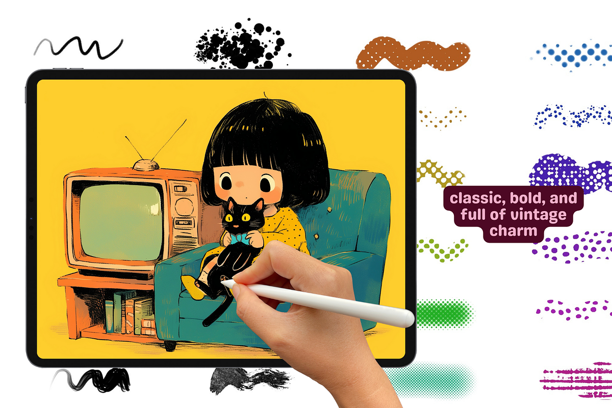 Procreate Vintage Retro Brushes, a Brush Add-On by Cozy Brushery (Photo 5 of 10)