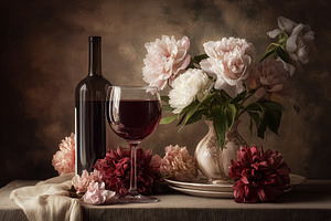 Still life composition with red wine, glass, peonies, and blossoms creating a r, a Food & Drink Photo by Studio ANNA