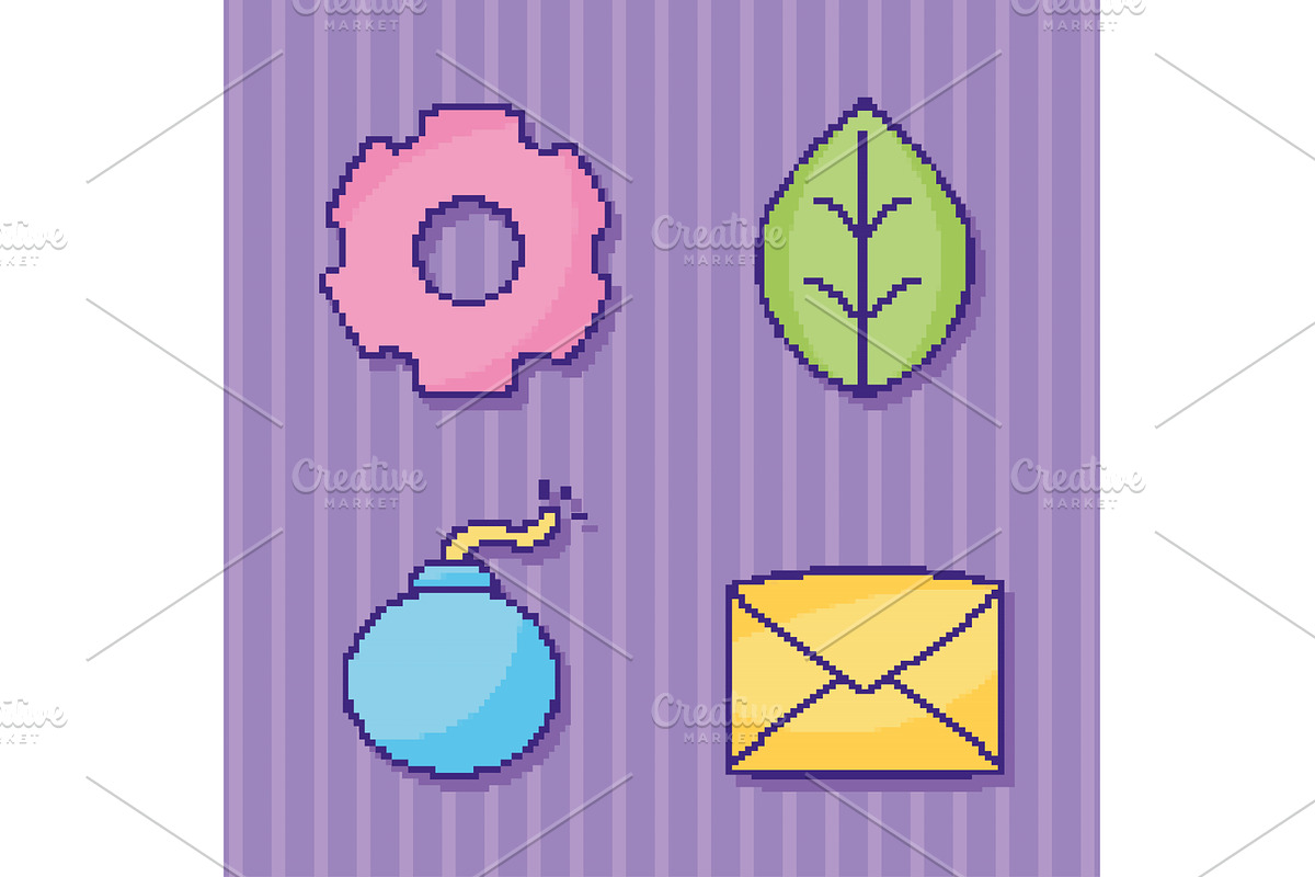 four pixel art items, an Object Illustration by studiogstock