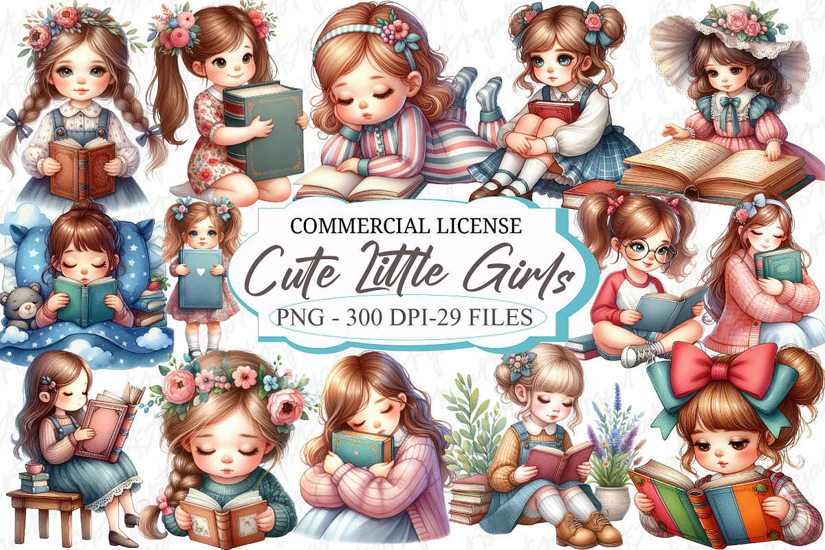 Cute Little Girl Reading Clipart, a Graphic by designcity5 (Photo 1 of 5)