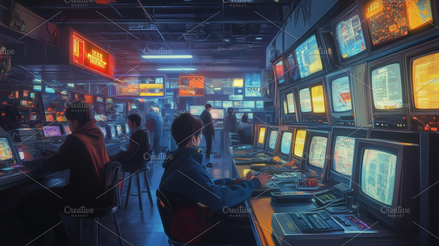 A dimly lit arcade filled with vintage computers and screens, showcasing a retr, an Arts & Entertainment Photo by Textures & Backgrounds
