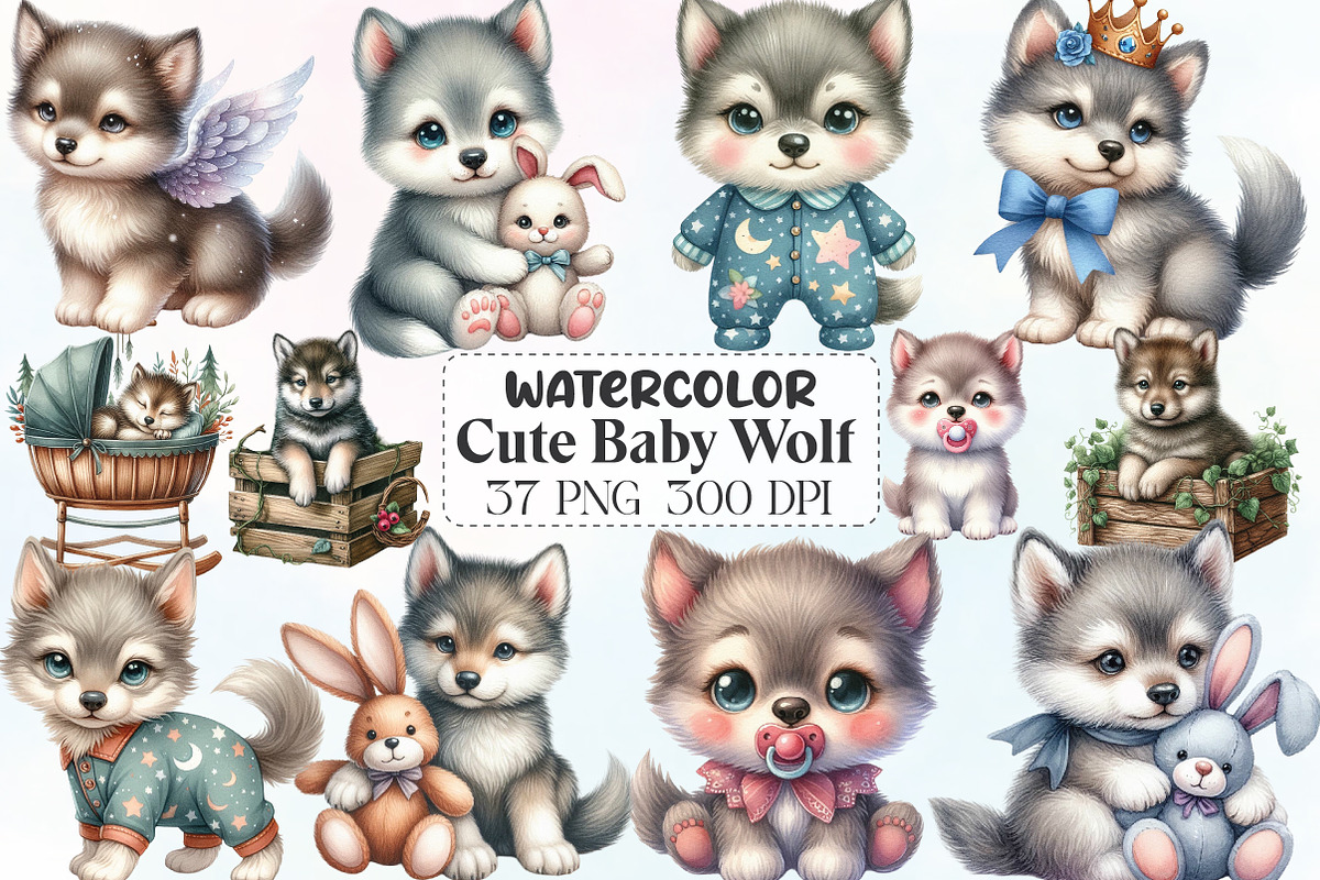 Watercolor Cute Baby Wolf Clipart, an Illustration by CraftArtStudio (Photo 1 of 6)