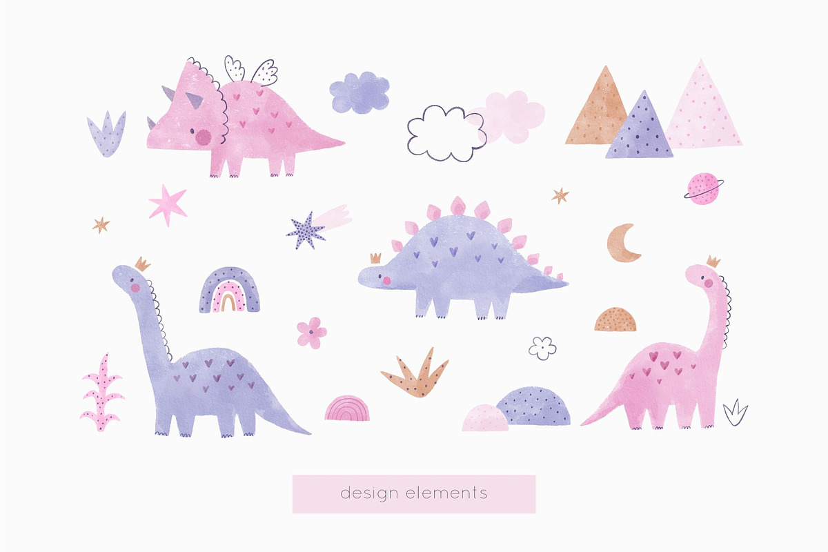 Watercolor little Dino girl, an Animal Illustration by Cute And Wild (Photo 2 of 6)