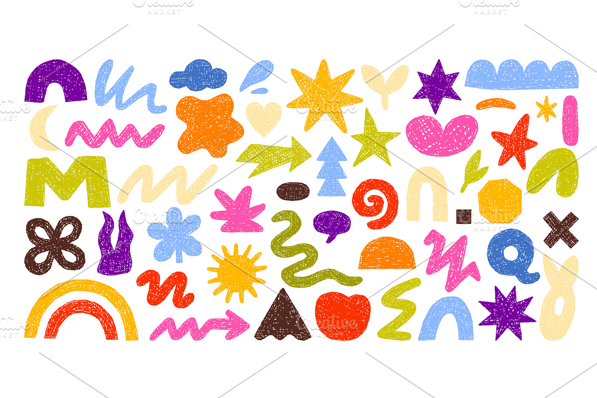 Colorful chalk drawn shapes, crayon, an Illustration by Flashvector