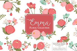 Mint & Coral Flowers Clipart, an Illustration by Amanda Ilkov