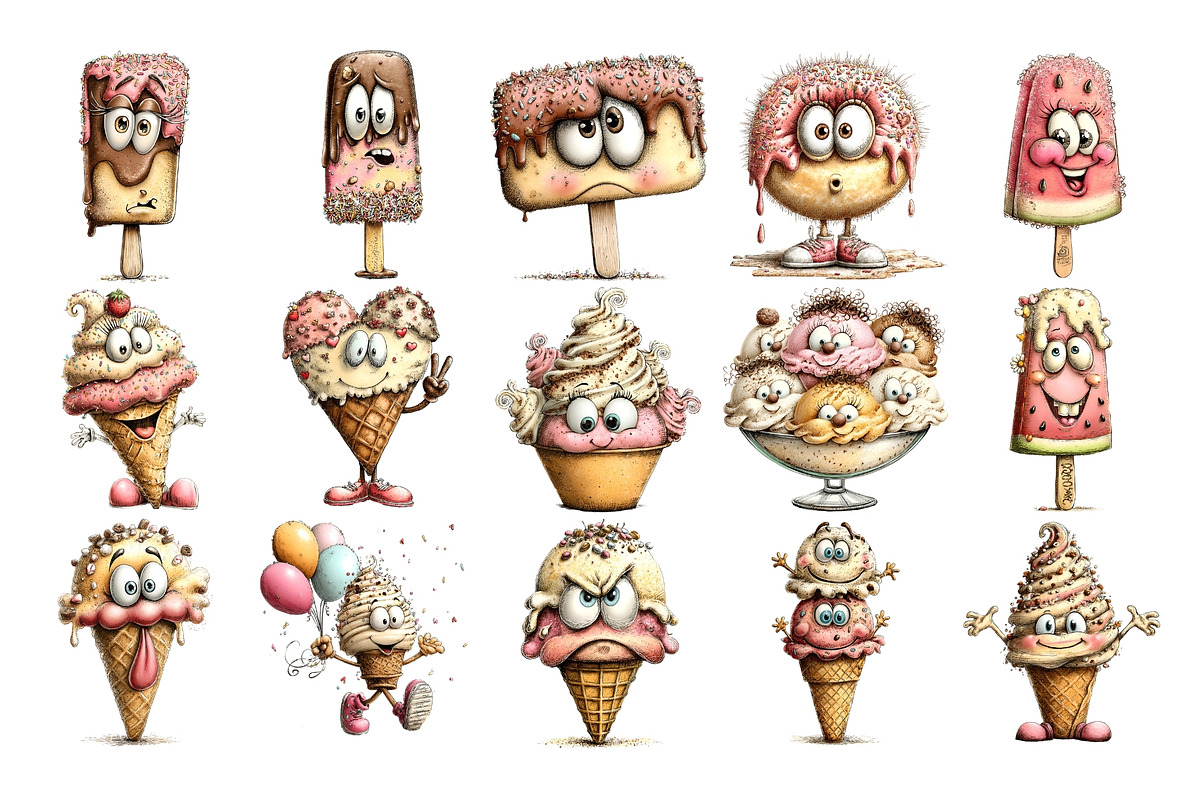 Quirky Ice Cream Watercolor Clipart, a Food Illustration by Nicolle's Colorful Art (Photo 2 of 6)