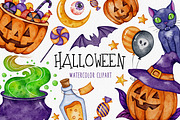 Watercolor Halloween Clipart, an Illustration by LuiDesignStudio (Thumbnail 1 of 4)