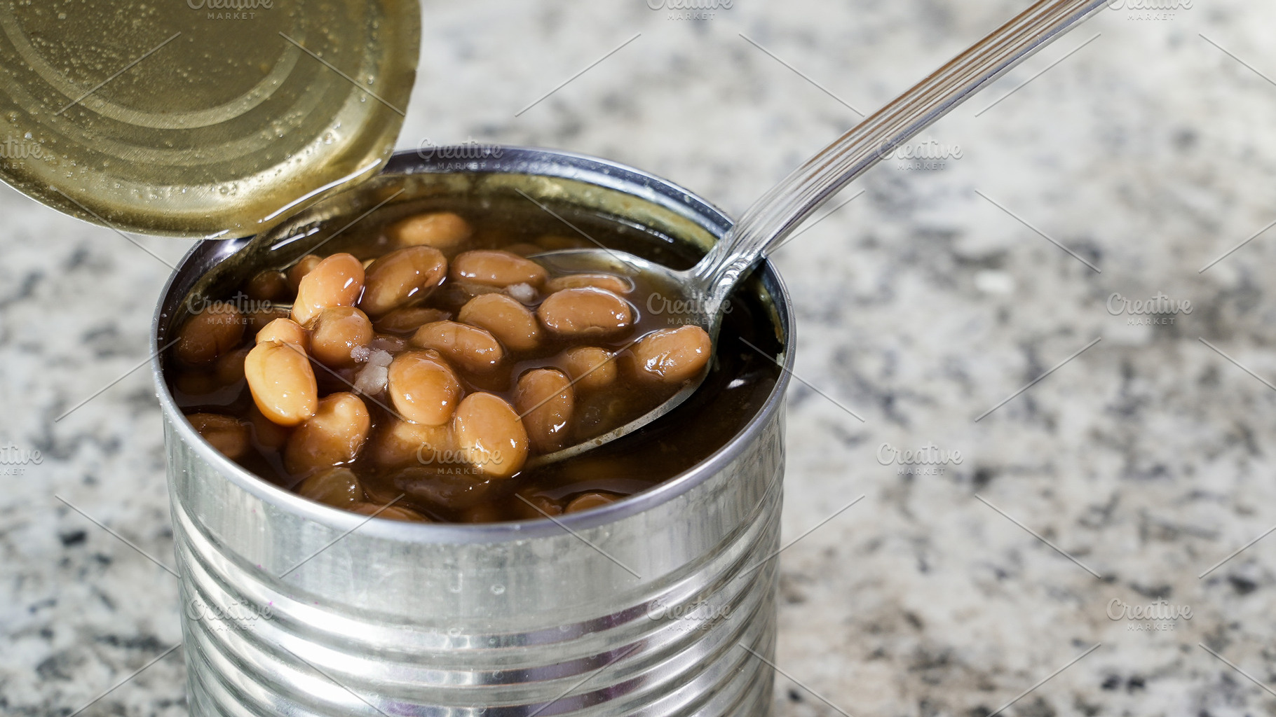 Baked beans in open can with spoon, a Food & Drink Photo by 1miromiro