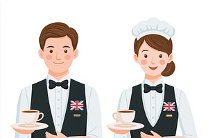 British hospitality staff offering tea service, male and female waiters wearing, an Illustration by Studio ANNA