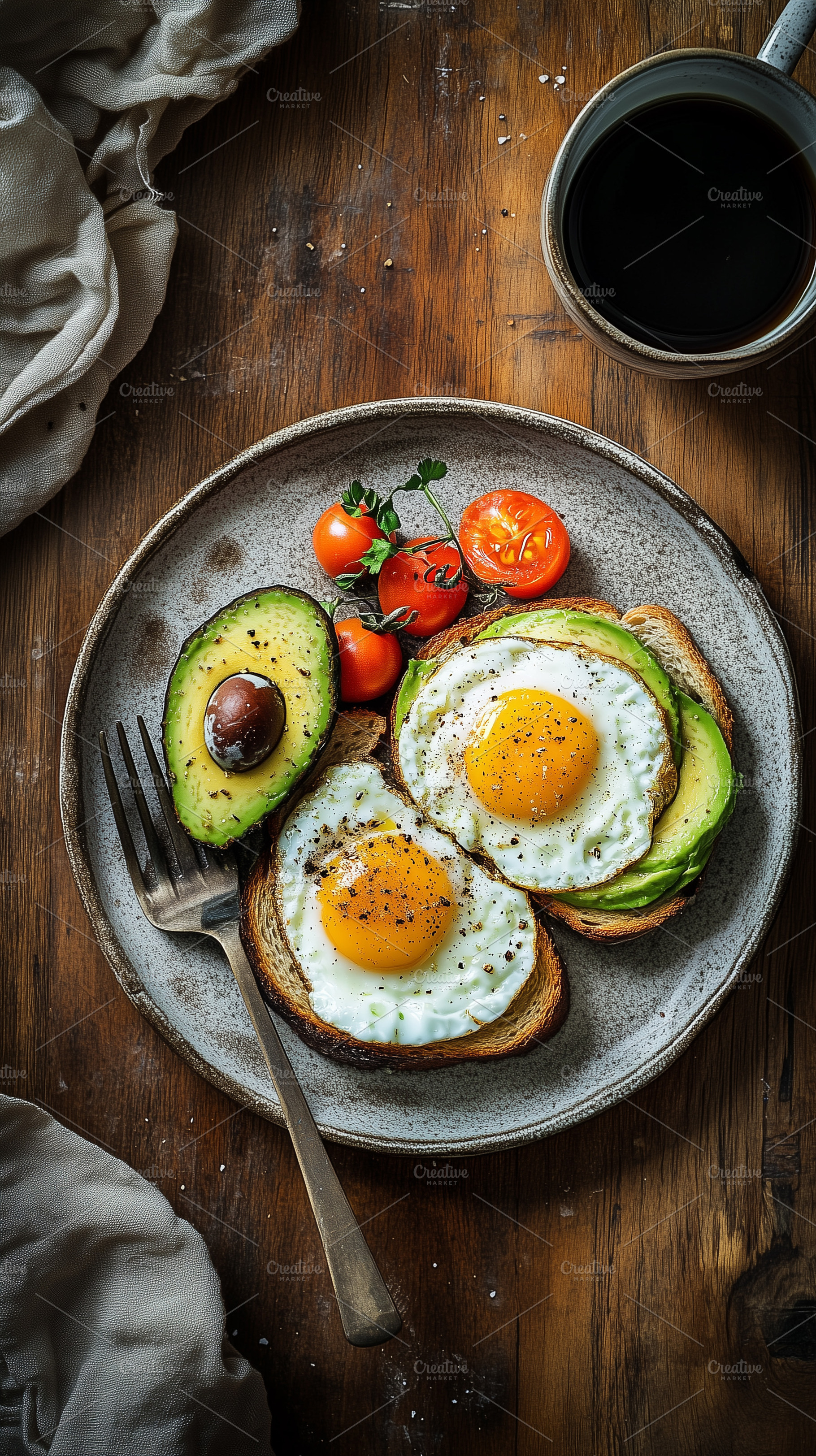 Rustic breakfast with eggs and toast, a Food & Drink Photo by MistyDay