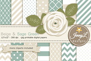 Beige and Sage Green Digital Paper, a Pattern Graphic by JennyL Designs (Thumbnail 1 of 3)