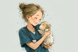 Caring female veterinarian cuddling tiny puppy warm affectionate, an Animal Photo by José Manuel Gelpi