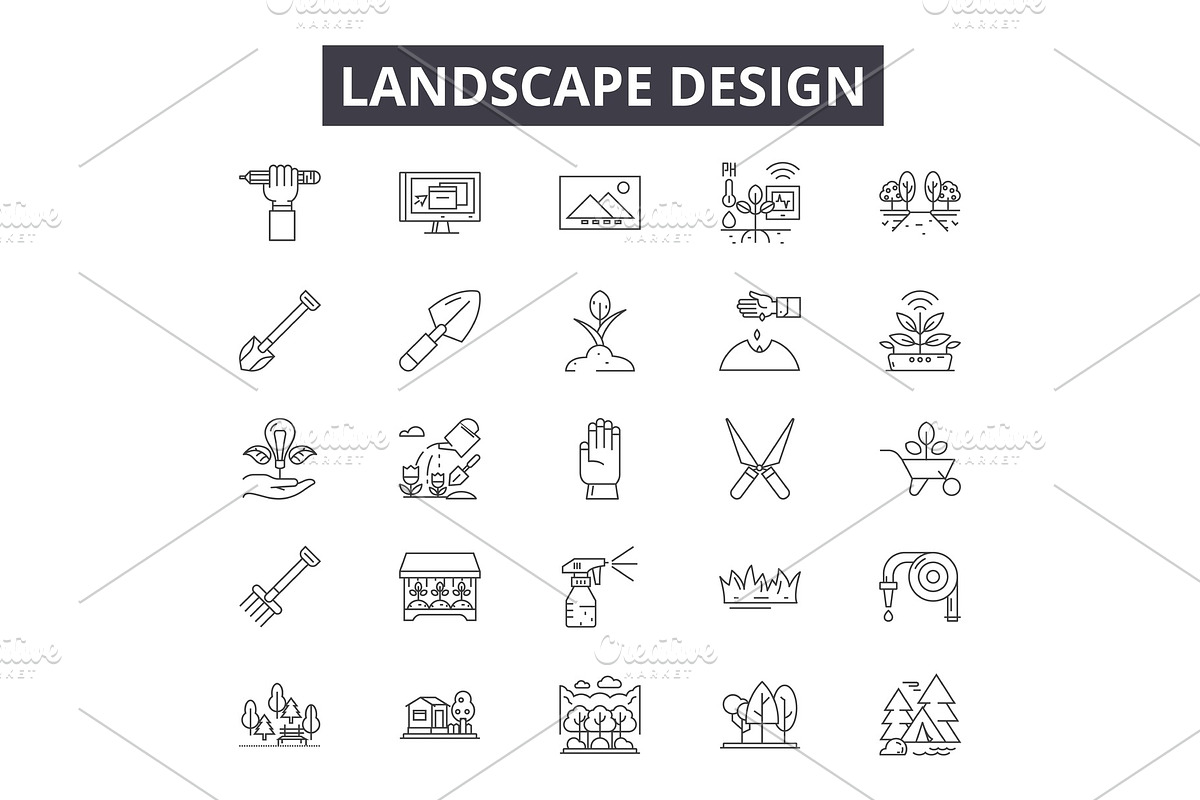 Landscape design line icons, signs, an Illustration by urban icon