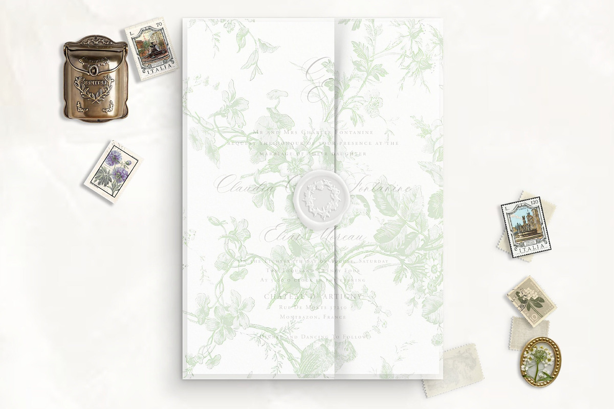 Sage Rose Toile Printable Vellum, a Stationery Template by SilverJoyAtelier (Photo 3 of 3)
