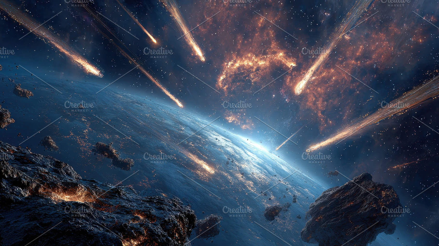 Fiery meteor shower impacting planet, an Abstract Photo by Pixeness Studio