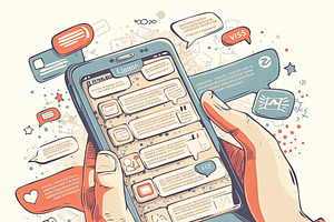 Person browsing messages on smartphone surrounded by colorful chat bubbles, an Illustration by AS photostudio