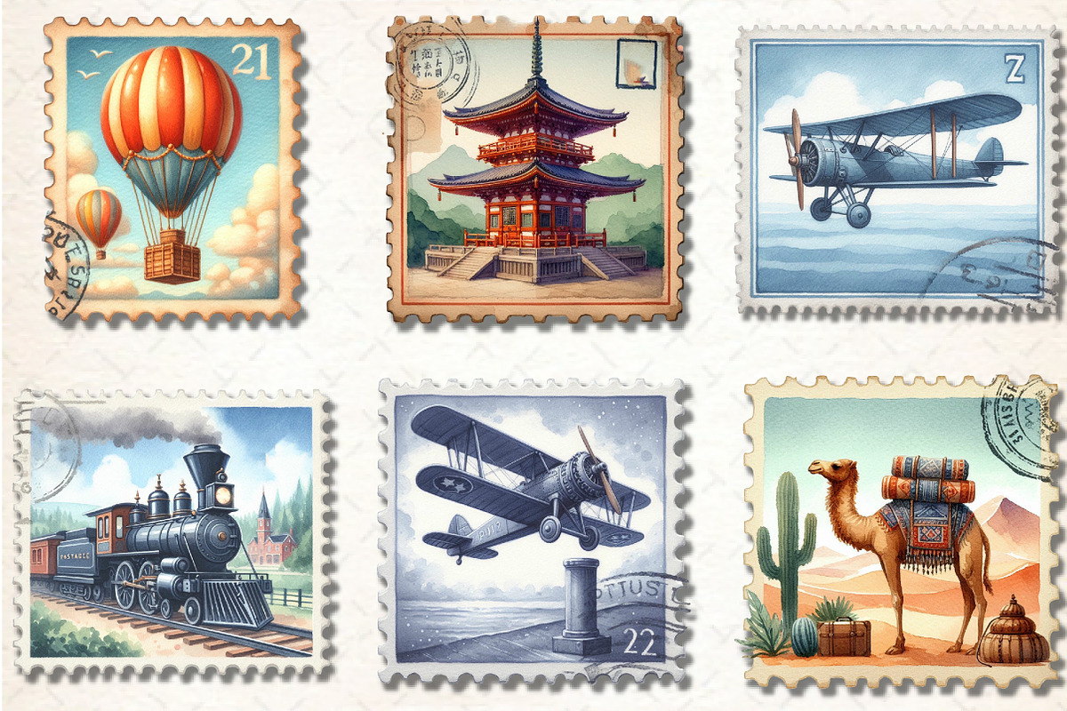 Vintage Travel Postage Stamp Clipart, an Illustration by Rose Art (Photo 3 of 4)