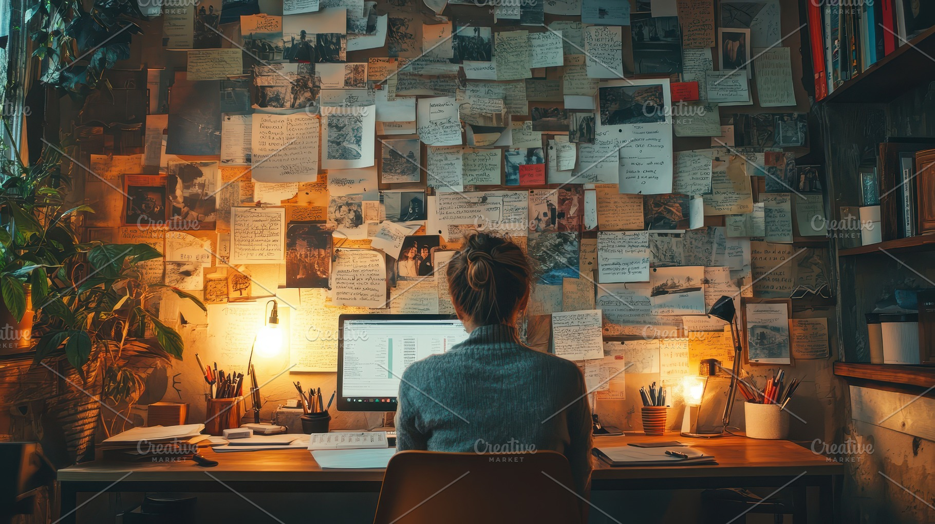 Woman at desk in home office filled, a Background Photo by Pixeness Studio
