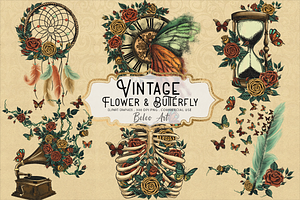 Vintage Flower And Butterfly Clipart