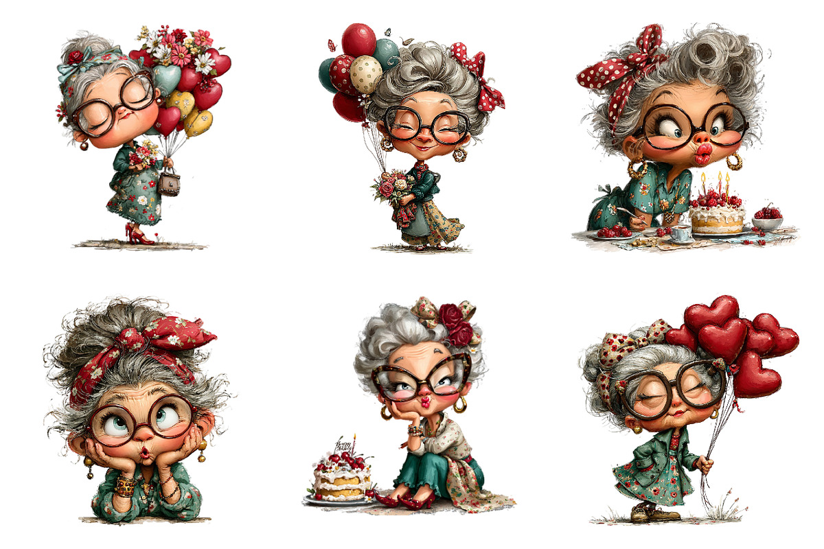 Whimsical old lady birthday clipart, an Illustration by SinaCreation (Photo 3 of 11)