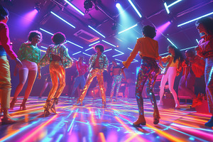 A vibrant disco scene with diverse dancers in colorful outfits, illuminated by, an Arts & Entertainment Photo by Textures & Backgrounds