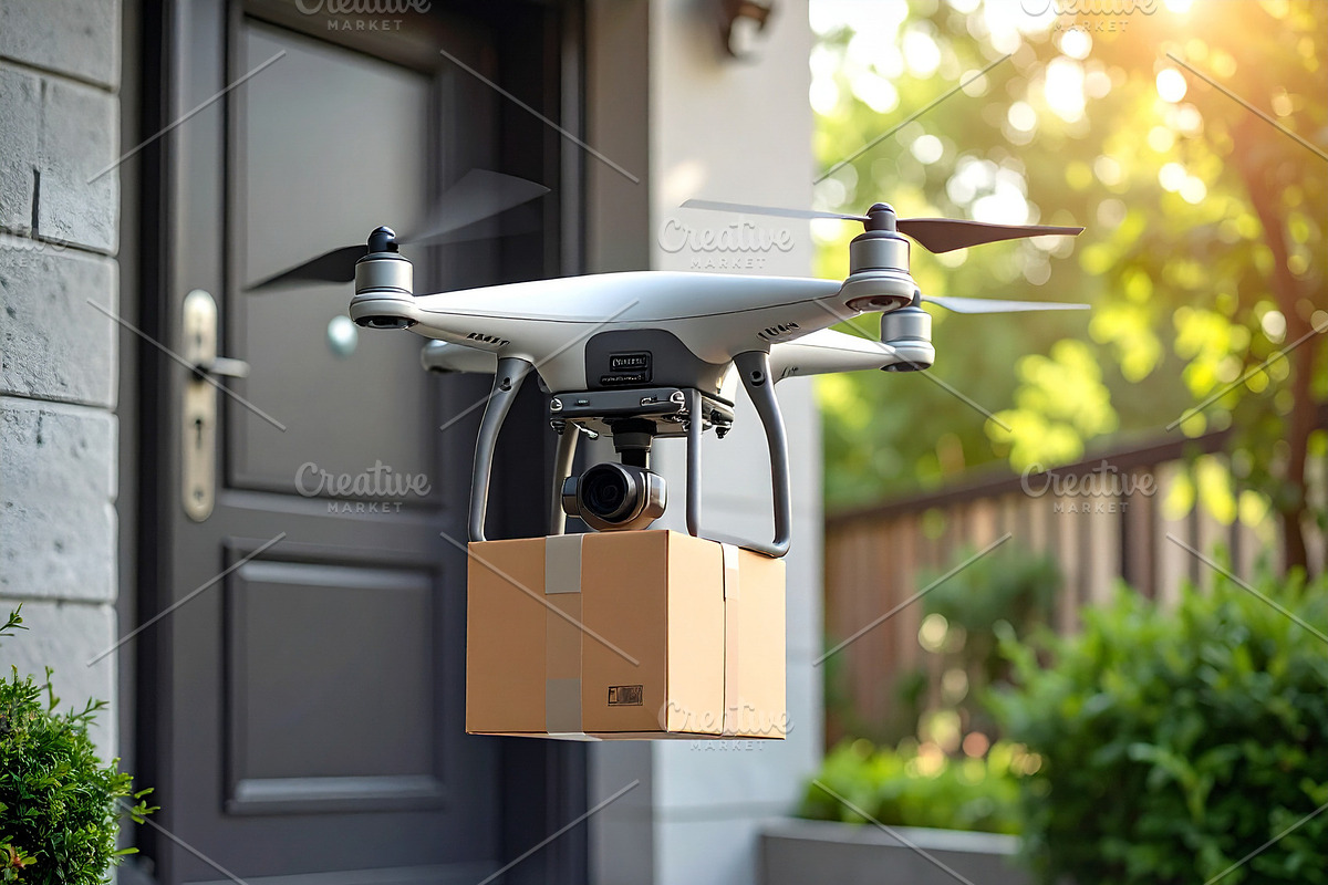 Drone hovers above a suburban door holding a small branded packa, a Technology Illustration by DanFLCreativo