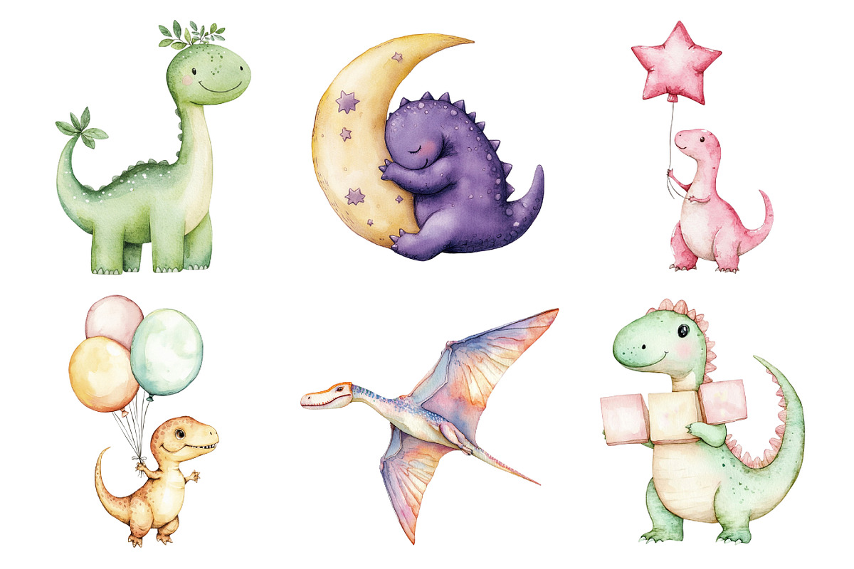 Cute Dinosaur Watercolor Clipart, an Illustration by Daily.Designs (Photo 3 of 5)
