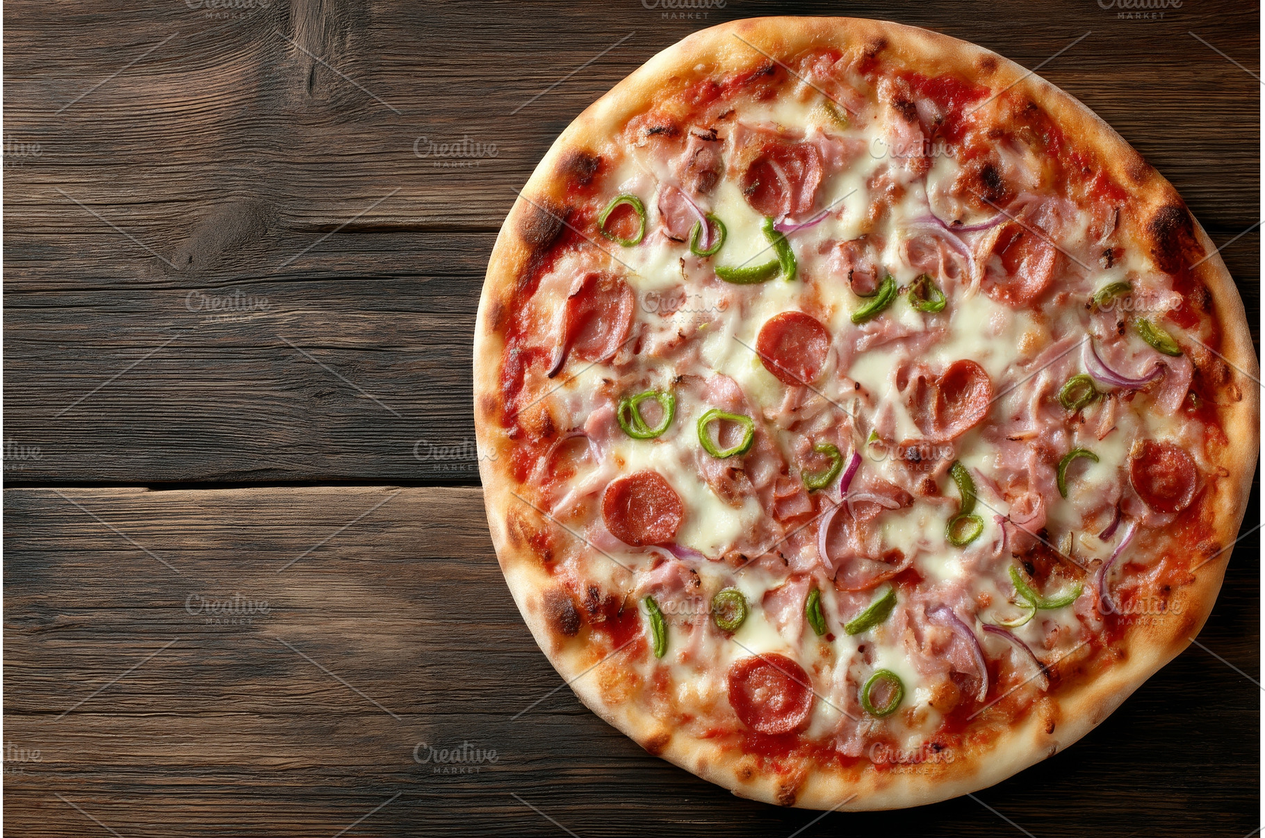 Pizza topped with ham, cheese, red, a Food & Drink Photo by ZinetroN