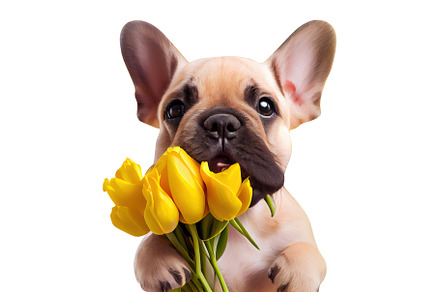 A dog with tulips isolated on white background, . Generative Ai, an Animal Photo by Ales Munt