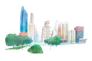 Aquarelle Modern City Landscape Park And Buildings Watercolor Illustration.