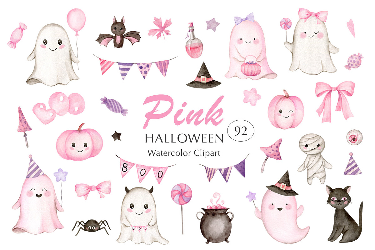 Pink Halloween Watercolor Clipart, a Decorative Illustration by Elena Medvedeva (Photo 1 of 7)