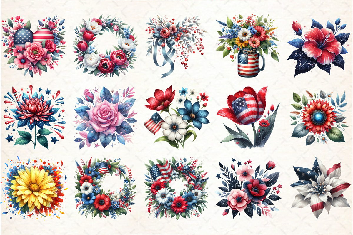 Watercolor Patriotic Floral Clipart, an Illustration by Libby Wishes (Photo 4 of 12)