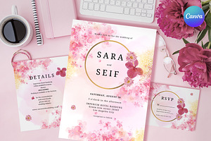 Pink Flowers Wedding Invitation Set, an Invitation Template by Aarley Kaiven
