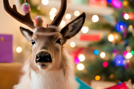 Cute christmas deer at tree, lights, an Animal Photo by ComfortQ