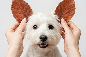 Cute Westie Dog with Autumn Leaves, an Animal Photo by Virgo Studio