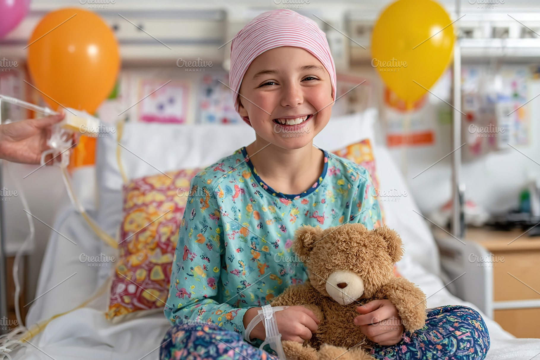 Smiling girl in hospital bed with teddy bear and balloons during treatment, a Photo by AlyaAnd