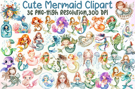 Cute Mermaid Watercolor Clipart, an Illustration by Sublimation Artist