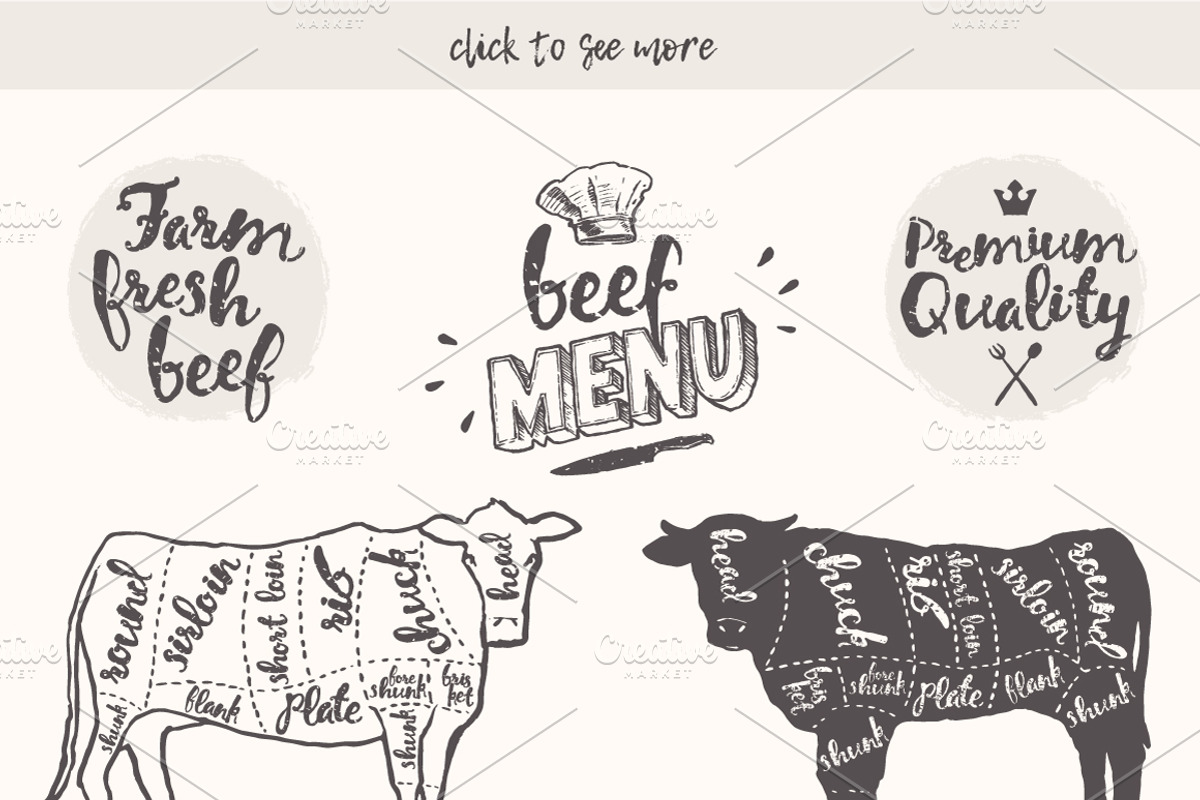 Design elements for a beef menu, an Animal Illustration by ...