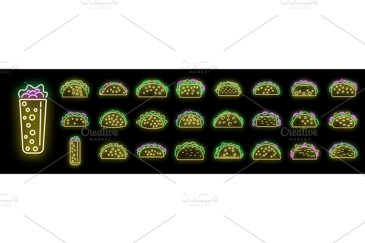 Tacos icons set vector neon, an Object Illustration by Ylivdesign