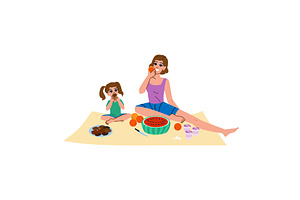 Mother and daughter enjoying picnic, an Illustration by pikepicture