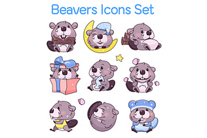 Cute Beavers Cartoon Characters Set