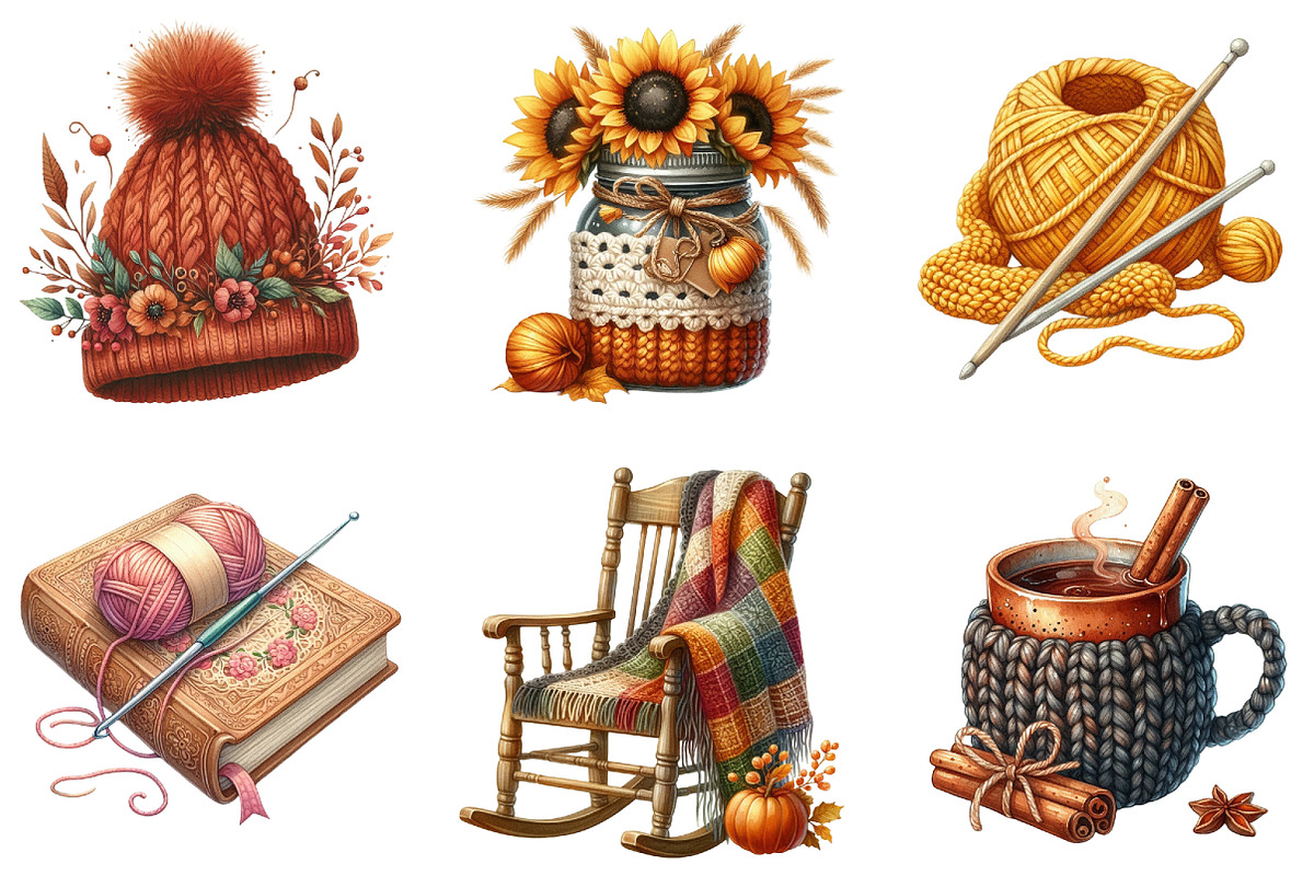 Watercolor Crochet Autumn Clipart, an Illustration by DreamArtGraphic (Photo 3 of 5)