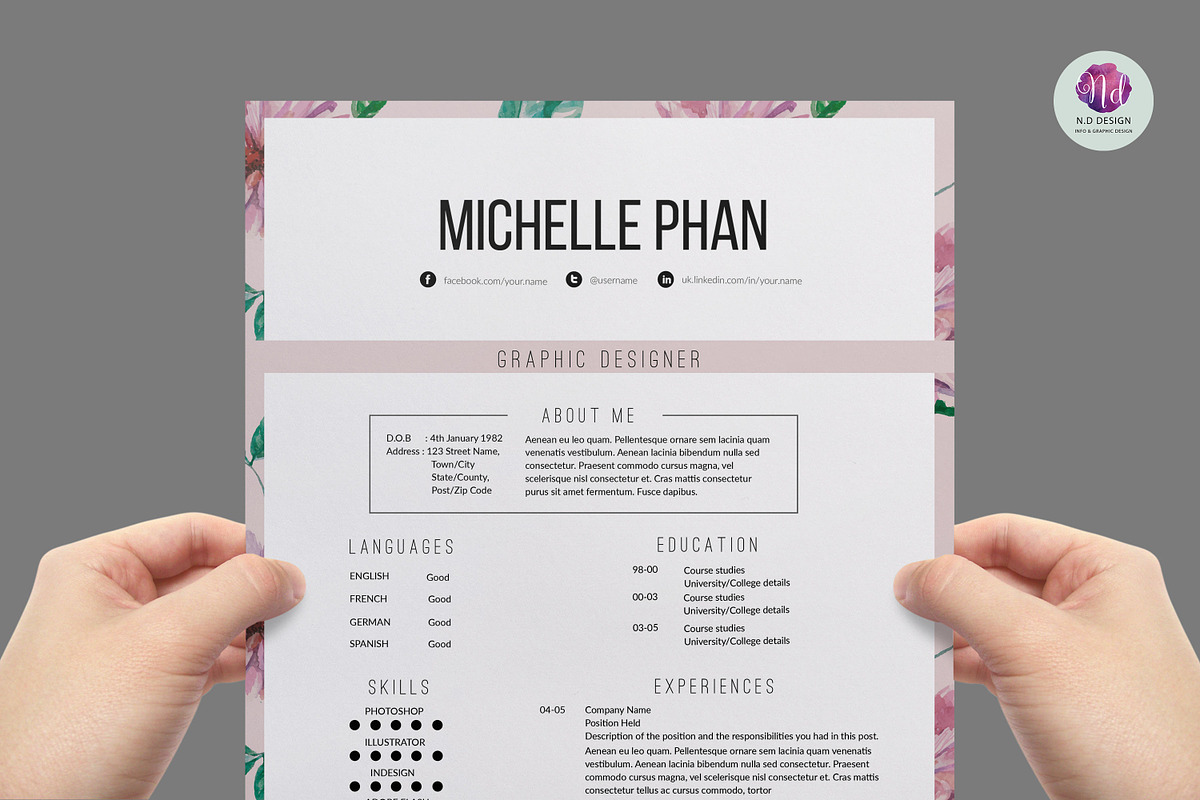 Floral 1 page resume template, a Resume Template by Chic templates (Photo 1 of 4)
