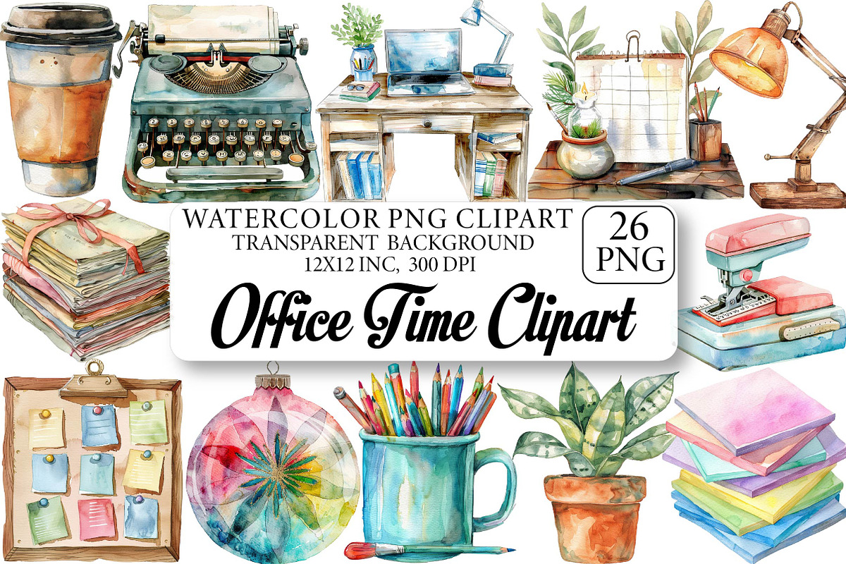 Watercolor Office Time Clipart Bundl, a Texture Illustration by DreamPrint404 (Photo 1 of 6)